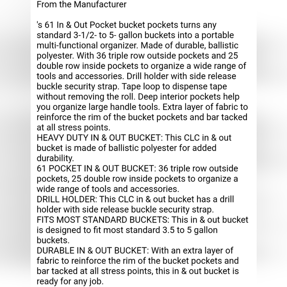 CLC (Custom LeatherCraft) 61 Pocket In-and-Out Bucket Organizer - black & gold - Picture 7 of 11